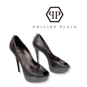 Phillip Plein Women's Black leather open toe stiletto spiked studded heels 38.5